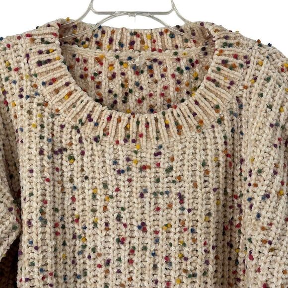 Chunky Knit Sweater Womens Size L Cream Colorful Dot Crop Chenille Knit Pullover - Picture 3 of 7